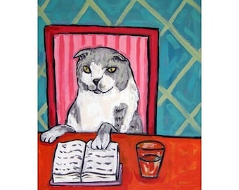 cat art - Scottish Fold Cat Reading a Book Art qñPrint, cat gifts, gift