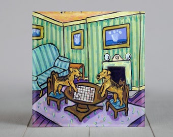 Airedale terrier playing checkers dog art tile coaster - multiple sizes