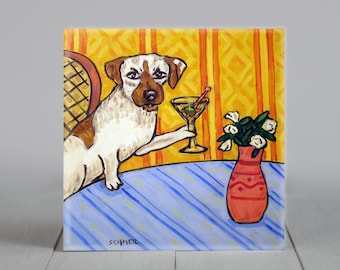 Jack Russell artwork - martini decor - coaster tile - modern folk - animal decor - home accents - taletop or wall art artwork