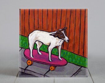 rat terrier skateboarder art tile coaster gift home animal decor modern folk