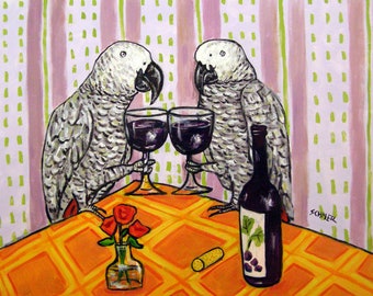 african grey at the wine bar animal art decor print
