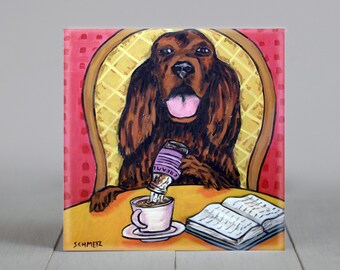 irish setter at the coffee shop - dog art - tile coaster - animal lover gift
