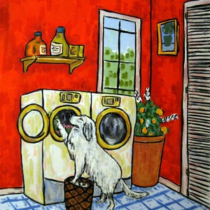 great pyrenees doing laundry dog art print on matte or glossy paper- gift for dog lover