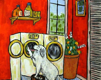 great pyrenees doing laundry dog art on a ready to hang canvas print - gift for dog lover