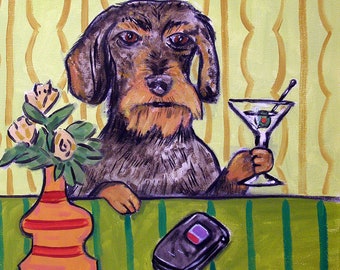 dachshund at the martini bar - dog art - tile coaster - gift - animal lover