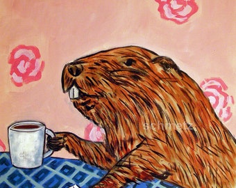 Beaver at the coffee shop art print on glossy or matter paper
