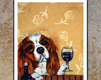 cavalier king charles spaniel at the wine bar - dog art - print - gift - animal lover - dog decor