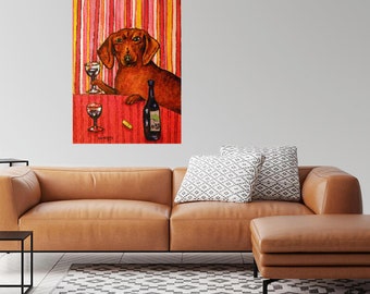 dachshund dog at the wine bar dog art print on canvas with .75 or 1. 5 stretcher Bars