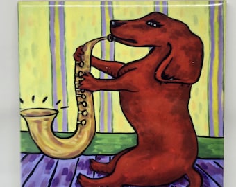 dachsund playing the saxophone - dog art -tile coaster - animal lover gift -