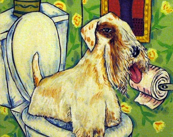 Sealyham Terrier in the Bathroom Dog Art Print   JSCHMETZ modern abstract folk pop art gift