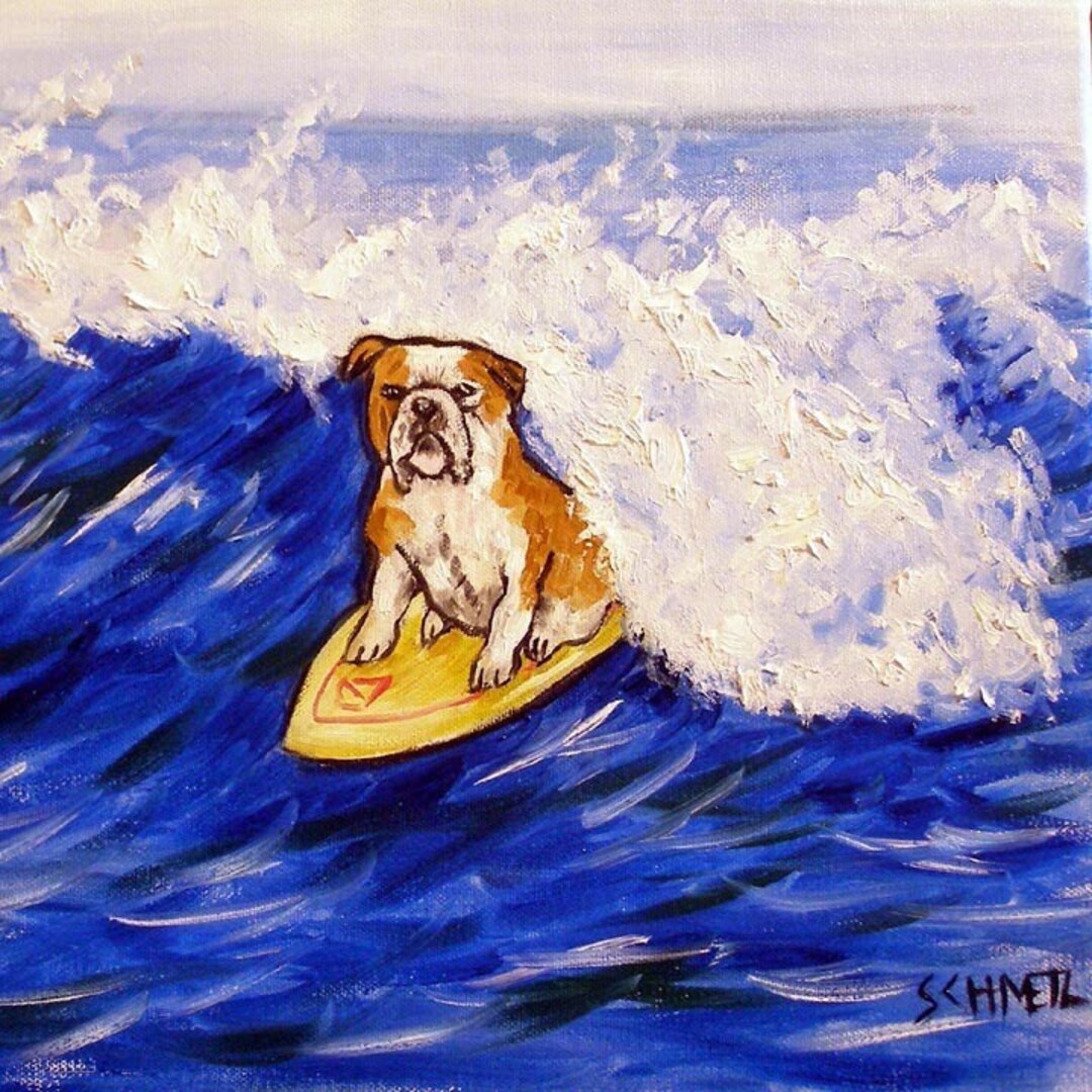 Bulldog Surfer Surfing Dog Art Tile Coaster Gift multiple Sizes