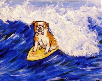 Bulldog surfer surfing dog art tile coaster gift -multiple sizes available