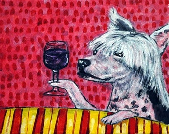 chinese crested at the wine bar - dog art = print - animal decor= home gift