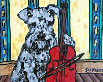 Schnauzer playing cello dog art print - available on paper or canvas - home decor - dog lover - cello cellist