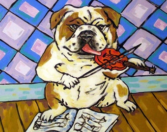 bulldog art - Bulldog Playing the Violin Dog Art coaster tile gift JSCHMETZ modern abstract folk pop art
