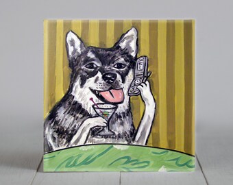 Elk Hound at the Martini Bar - Dog Art - coaster tile  - Gift - multiple sizes