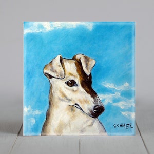 May include: A painting of a dog with brown and white fur against a blue sky background with white clouds. The dog is looking to the right of the image. The painting is signed "SCHMETZ" in the bottom right corner.
