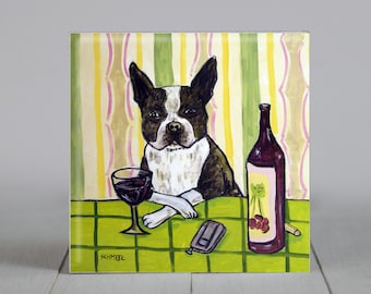 Boston terrier wine dog coaster art tile coaster decor pet gift