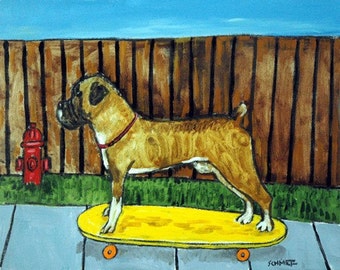Boxer Skateboarding Dog Art Print - 13 x 19 art print - matte or glossy