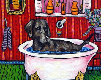 Weimaraner Bath dog ceramic bathroom fine art coaster tile with red background by SChmetzpetz
