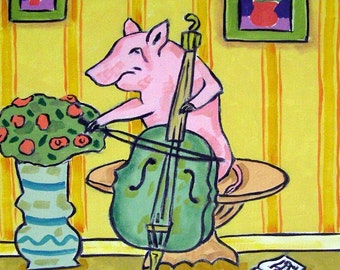 Pig Playing Cello - animal art - tile coaster - animal lover gift