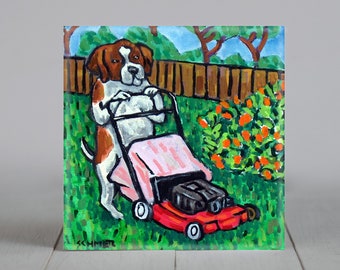 Saint Bernard artwork, animal decor, mowing the lawn, square decorative tile, dog lovers gift, eclectic and unique art