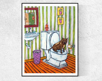 Pit bull terrier in the bathroom dog art print - stretched canvas or paper print - multiple sizes available