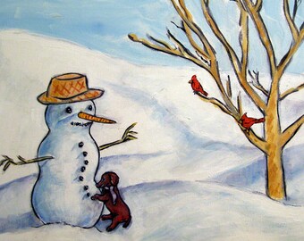 dachshund tile - dachshund art - Dachshund Building a Snowman Dog Art coaster tile - dachshund gifts