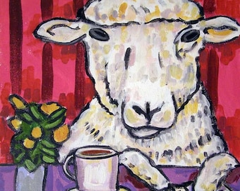 Ram at the Coffee Shop Sheep art tile coaster gift