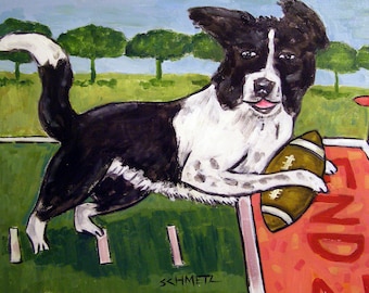 border collie playing football dog art print  - dog art giclee print on canvas or paper