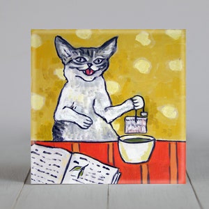 cat art coaster tile - tea room home decor - animal pet art gift - multiple sizes