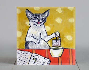 cat art coaster tile - tea room home decor - animal pet art gift - multiple sizes