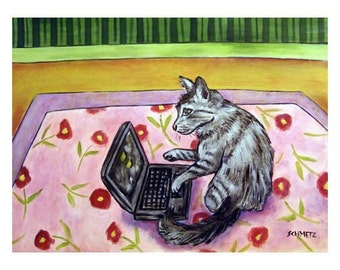 cat art - Grey Cat art print  poster computer, cat gifts, gift