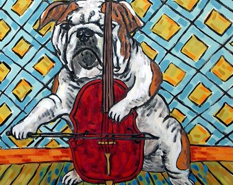 bulldog art - Bulldog playing cello - bulldog dog art print - dog canvas - wall art - animal decor