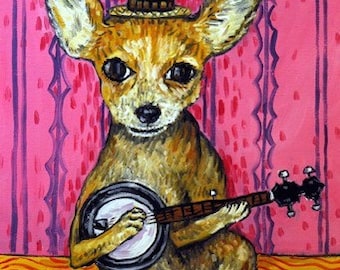 chihuahua playing the banjo dog art print - canvas or matte paper print - multiple sizes