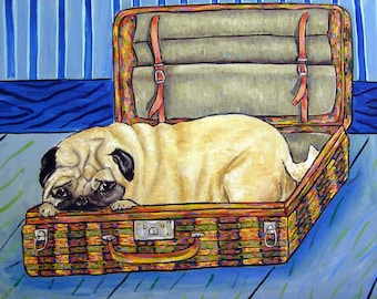 pug suitecase dog art canvas print gift - ready to hang animal decor