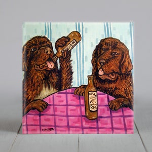 Newfoundlands at the Bar animal Dog Art coaster tile Gift decor