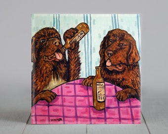 Newfoundlands at the Bar animal Dog Art coaster tile Gift decor