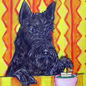 scottish terrier steeping tea dog art print on ready to hang stretched canvas- home decor gift