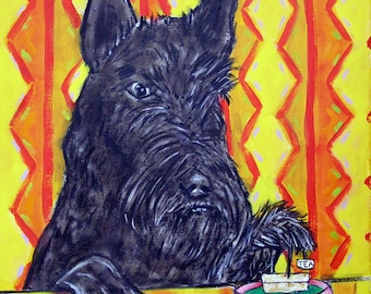 scottish terrier steeping tea dog art print on ready to hang stretched canvas- home decor gift