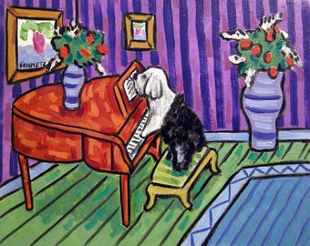 Old Englih Sheepdog  playin g piano dog art print