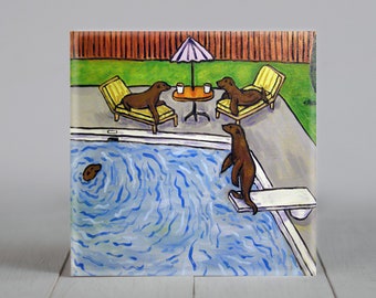 Sea Lion Pool Party Animal Art coaster tile decor