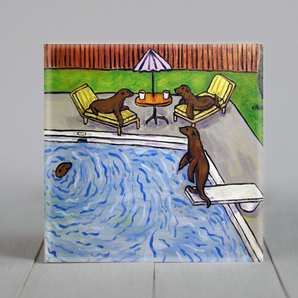 Sea Lion Pool Party Animal Art coaster tile decor