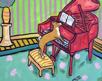 basenji art - Basenji Playing Piano Dog art tile coaster