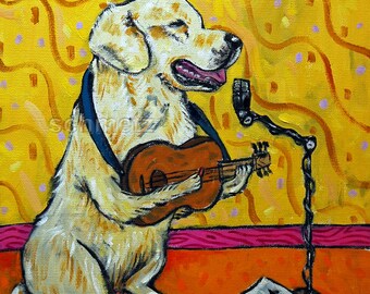 golden retriever playing guitar dog art print -canvas or paper print - multiple sizes