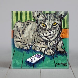 grey cat, cat print, catlover gift, decorative tile, modernceramic coaster, animal decor,ipod