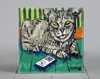 grey cat, cat print, catlover gift, decorative tile, modernceramic coaster, animal decor,ipod