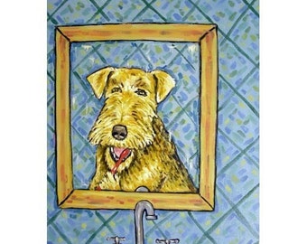 airedale terrier brushing teeth dog art print - stretched canvas or paper print - multiple sizesa available