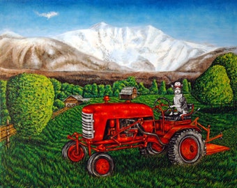 cat art - Devon rex Cat on the Farm Riding a Tractor Animal Art Print, cat gifts, gift