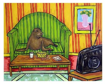 Sea Lion Watching Television in a Living Room Animal Art Print